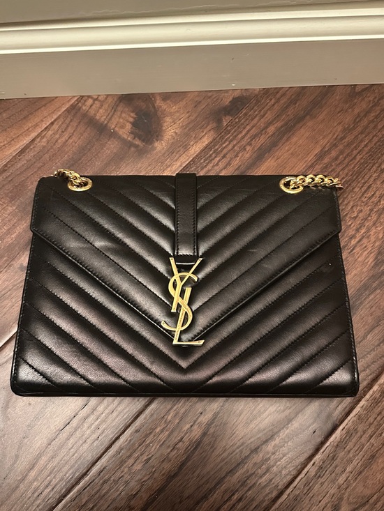 Saint Laurent Handbags - Saint Laurent Black Quilted Chevron Leather Shoulder Bag with Gold Hardware